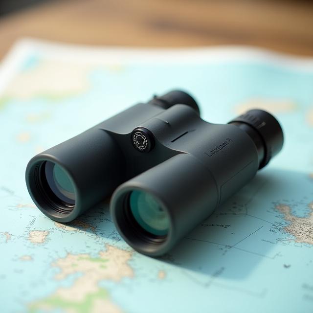 A pair of ME-B10 Lookout marine binoculars resting on a nautical chart.