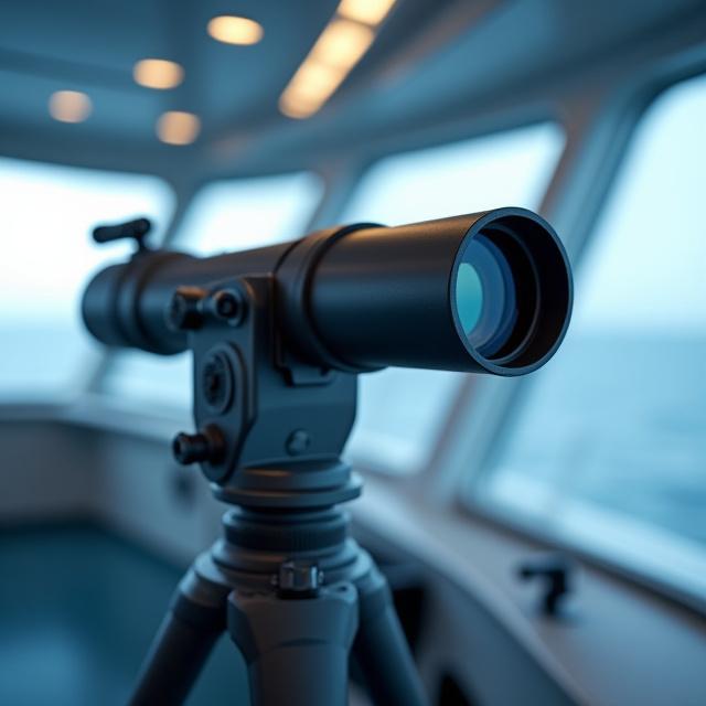 The ME-T75 Navigator marine telescope mounted on a ship's bridge.