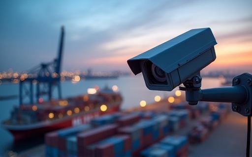 A powerful surveillance camera overlooking a busy port.