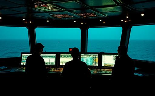 The bridge of a large commercial-shipping vessel at night.